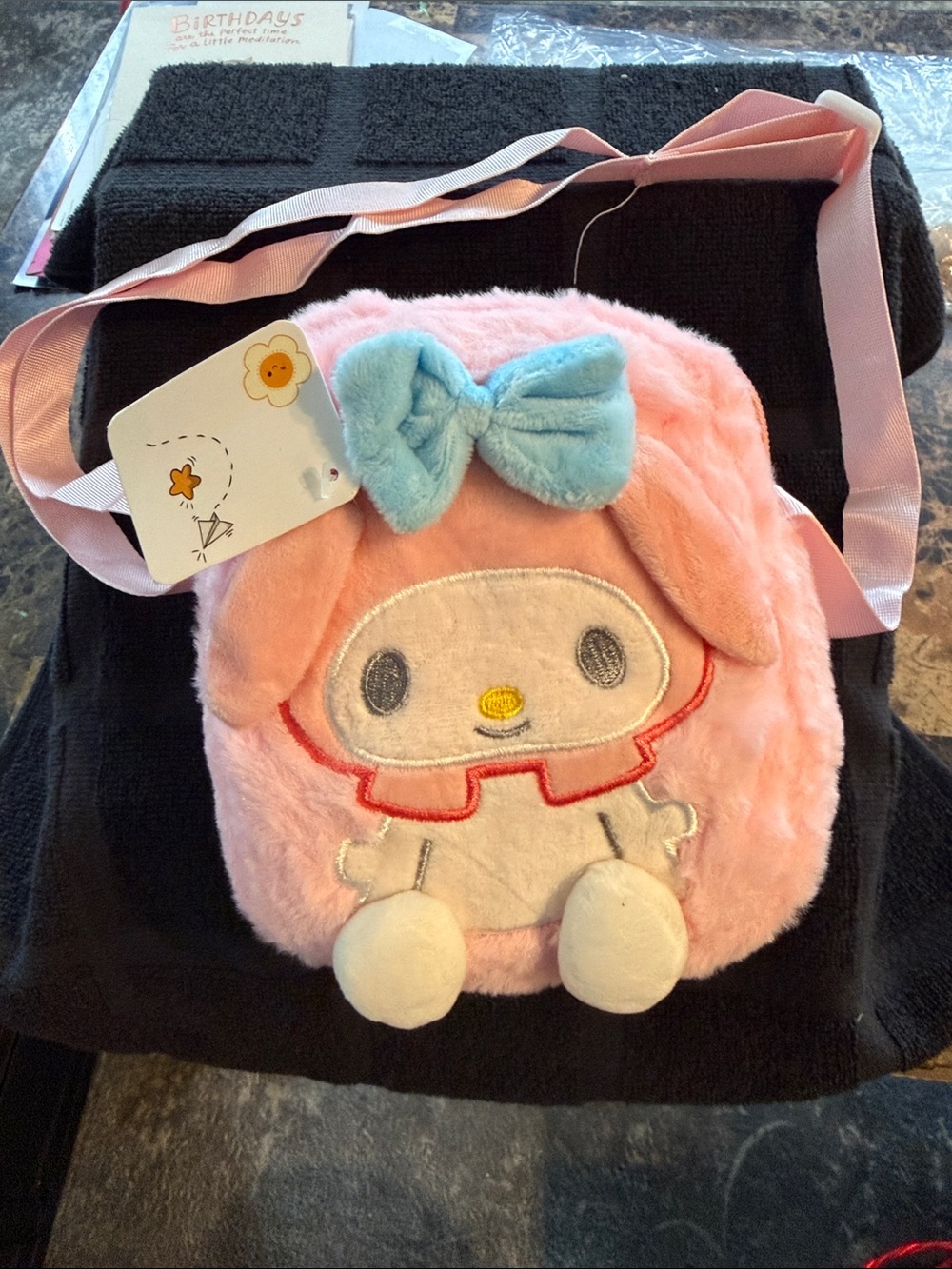 Sanrio My Melody Plush Crossbody Bag in Pink with Blue Bow